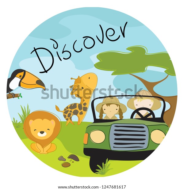 Safari drive. Cute  vector\
illustration. Kid style hand drawn vector template in a circle\
shape. Can be used for school, zoo promotion or other\
purposes.