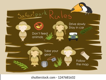 Safari drive rules for guests. Cute kid style hand drawn vector illustration to use in the zoo, safari parks and etc.