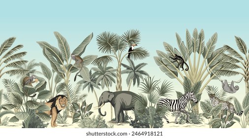 Safari elephant, lion, zebra, monkey, toucan, palms, banana trees mural. African landscape.