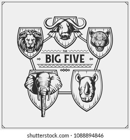 Safari emblem with Big Five animals. Lion, elephant, rhino, leopard and buffalo.