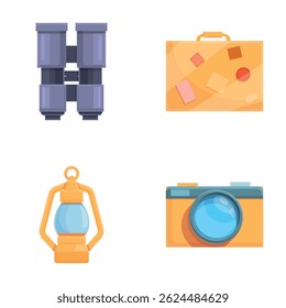 Safari equipment icons set cartoon vector. Safari outdoor adventure tool. Travel concept