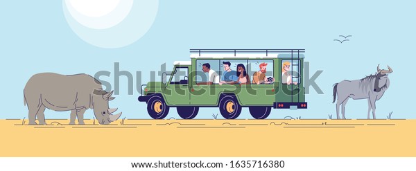 Safari expedition flat doodle illustration. People\
observing wild animals from van in desert. Wildlife conservation\
park. Indonesia tourism 2D cartoon character with outline for\
commercial use