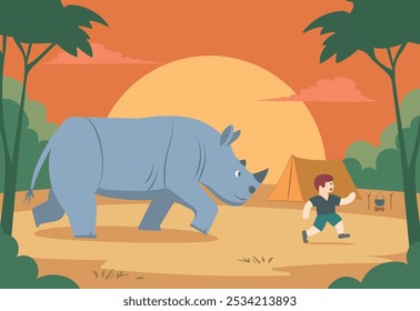 Safari expedition flat vector concept illustration. Rhinoceros runs after man tourist. Wildlife conservation park. Safari at day time scene. Threatened or endangered species animals. Camp tourism