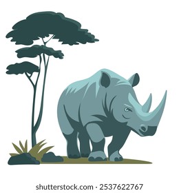 Safari expedition flat vector concept illustration. Rhinoceros runs after man tourist. Wildlife conservation park. Safari at day time scene. Threatened or endangered species animals. Camp tourism