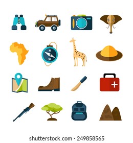 Safari expedition icons set with compass map camera car isolated vector illustration