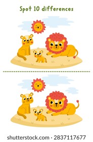 Safari find differences game for children with lion, lioness and baby. African savanna educational activity with cute animal scene. Puzzle for kids. Savannah printable worksheet, page with wild family