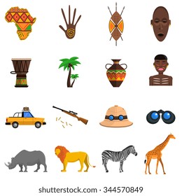 Safari flat icons set with african animals and hunting equipment isolated vector illustration