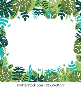 Safari frame. Green jungle floral frame. Tropical leaves, palm leaves, frame nature background. Green rainforest border tropical card template monstera leaf. Vector illustration. Summer jungle design.