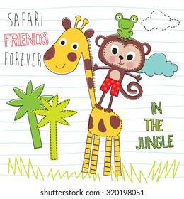 safari friends, giraffe, monkey, frog vector illustration