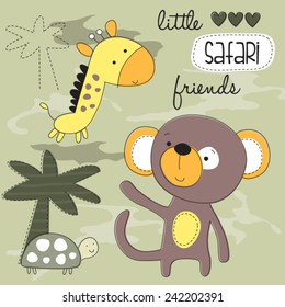 safari friends monkey, giraffe, turtle animals vector illustration