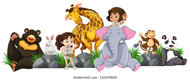 Safari girls and wild animals illustration