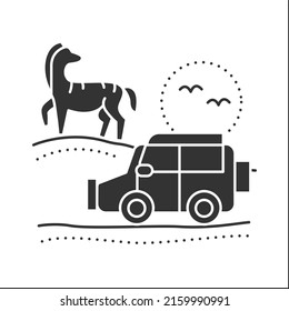  Safari Glyph Icon. Safari Holidays. Experiential Tourism. Watching Wild Animals In Their Natural Habitat.Tourism Types Concept. Filled Flat Sign. Isolated Silhouette Vector Illustration