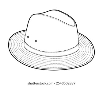 Safari Hat with band. Head Fashion accessory cap with wide brim with stitching clothing technical illustration. Vector headgear for Men, women style, flat template CAD mockup sketch outline isolated