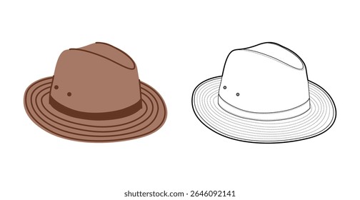 Safari Hat with band. Head Fashion accessory cap with wide brim with stitching clothing technical illustration. Vector headgear for Men, women style, flat template CAD mockup sketch outline isolated