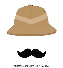 Safari hat and black mustache, pith helmet, safari hat isolated, headware. Traveler concept or symbol