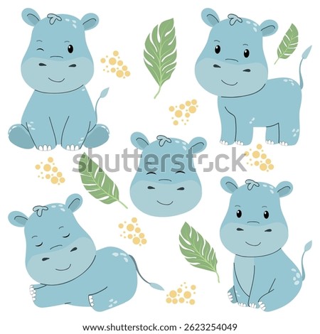 Safari children’s hippo set in flat style isolated on white background, vector illustration. Baby animal in different poses. Vector illustration