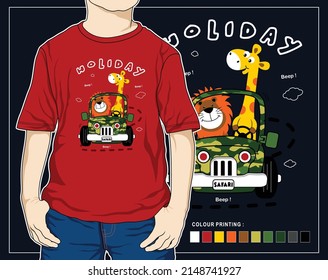 safari holiday, vector animal cartoon graphic t shirt illustration design