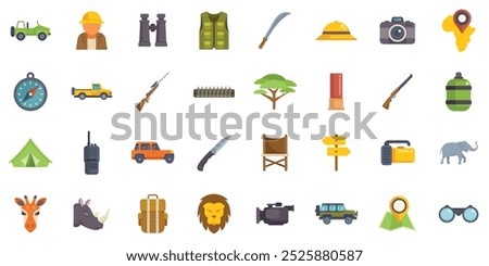 Safari hunter equipment and animals set showing hunting concept with hunter character holding binoculars