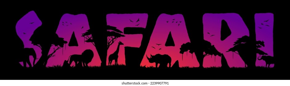 Safari hunting in Africa, animal silhouettes in savannah, vector trees on sunset landscape. African safari hunt background of savanna wild nature with lion, elephant, rhinoceros and giraffe silhouette