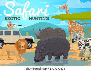 Safari Hunting And African Animals Hunt In Jungle, Vector Hunter In Africa. Safari Hunting For Wild Rhinoceros, Lion, Zebra, Giraffe And Hippopotamus In Savanna, Hunter In Off-road Car With Rife Gun