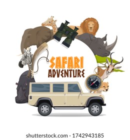 Safari hunting sport and African animals vector design. Safari hunter car, lion, elephant, giraffe, antelope and cheetah or jaguar, elephant, giraffe, rhino and hippo, zebra, compass and hunting horn