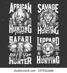 Safari hunting tshirt prints sketch vector rhino, lion, leopard and elephant wild African animals. Hunting club mascots, hunter or safari society labels with animals heads or muzzle, apparel emblems