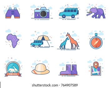 Safari icons in flat color style. Vector illustration.