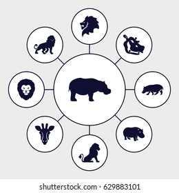 Safari icons set. set of 9 safari filled icons such as giraffe, lion