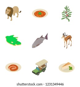 Safari icons set. Isometric set of 9 safari vector icons for web isolated on white background