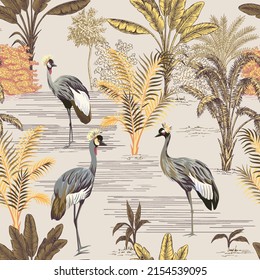 Safari ink drawn palm trees,  crane bird summer floral seamless pattern.African wallpaper.