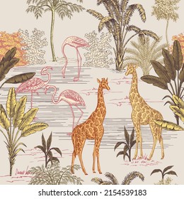 Safari Tinte gezeichnete Palmen, Giraffe Tier, rosafarbene Flamingo Sommerblumen nahtloses Muster.Afrikanische Tapete.