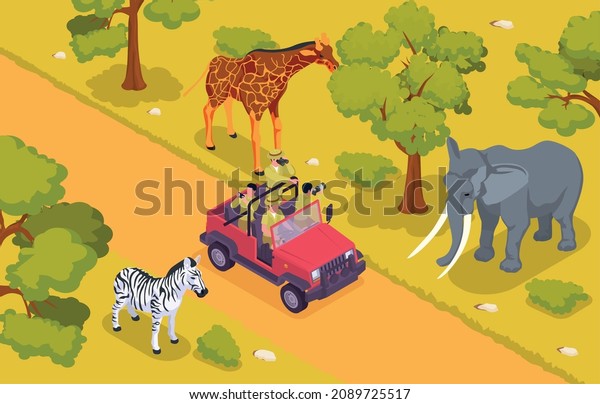 Safari isometric colored composition group\
of tourists is driving along road in the wilderness and sees\
animals all around vector\
illustration