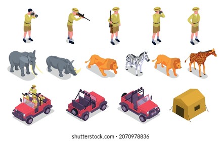 Safari isometric icon set tourist on the hunt with camera binoculars in hand various wild animals, three safari vehicles and tent vector illustration