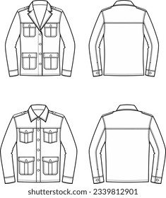 Safari jacket flat sketch. Casual wear apparel design. Front and back. Men and women CAD mockup. Technical drawing template. Vector illustration. 