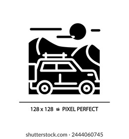 Safari jeep tour black glyph icon. Dune bashing. Dubai desert buggy. Uae touristic adventure. Adrenaline weekend. Silhouette symbol on white space. Solid pictogram. Vector isolated illustration