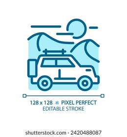 Safari jeep tour light blue icon. Dune bashing. Dubai desert buggy. Adrenaline weekend. RGB color sign. Simple design. Web symbol. Contour line. Flat illustration. Isolated object