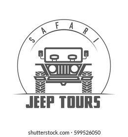 Safari Jeep Tours. Retro monochrome outdoor adventure badge, logo, emblem, label. Vintage design elements. Vector illustration.