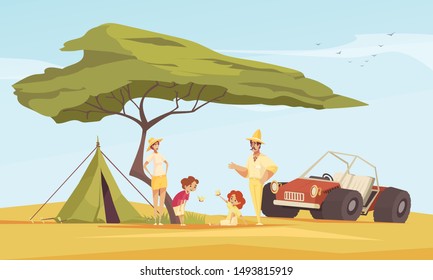 Safari jeep travel adventures flat composition with family in front of tent under baobab tree vector illustration 