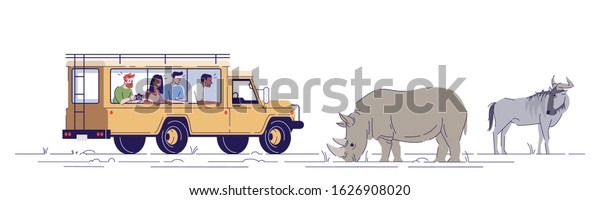 Safari journey flat doodle illustration. People\
observing and photographing wild animals from van. Wildlife\
conservation park. Indonesia tourism 2D cartoon character with\
outline for commercial\
use