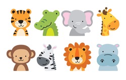 Safari Jungle Animals Including A Tiger, Crocodile, Alligator, Elephant, Giraffe, Monkey, Zebra, Lion, And Hippo. Vector Illustration Of Jungle Animal Faces And Heads.