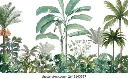 Safari, jungle wall mural nursery decor, Tropical Wallpaper Illustration, Palm Tree Background, Mughal Garden Illustration.
