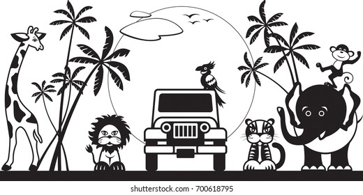 Safari in jungle with wild animals - vector illustration