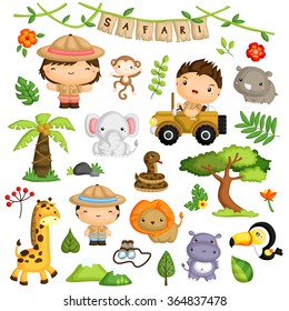 Safari Kids and Animal Vector Set