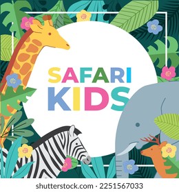safari kids card with cute wild animals. vector illustration