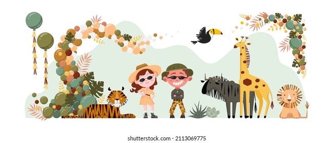 Safari kids party illustration set with exotic animals,human characters and balloon decorations.