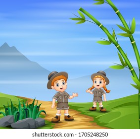 Safari kids walking on the path road
