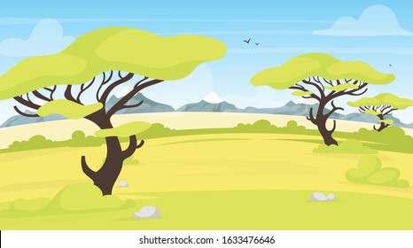 Safari landscape flat vector illustration. African outdoor scene. Green savannah field with trees. Meadow green scenery. Exortic and tropical grassland. Panoramic valley cartoon background