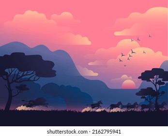 Safari landscape illustration. Lion and zebras