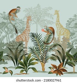 Safari landscape, ink drawn palm trees, plants, giraffe, monkey animal summer floral seamless border.