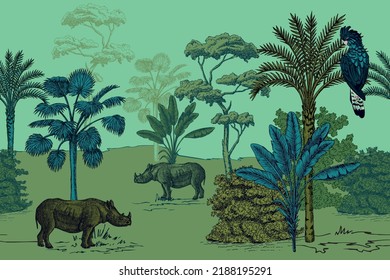 Safari landscape, palm trees, plant, parrot bird, rhino animal summer floral seamless border. Exotic jungle mural.